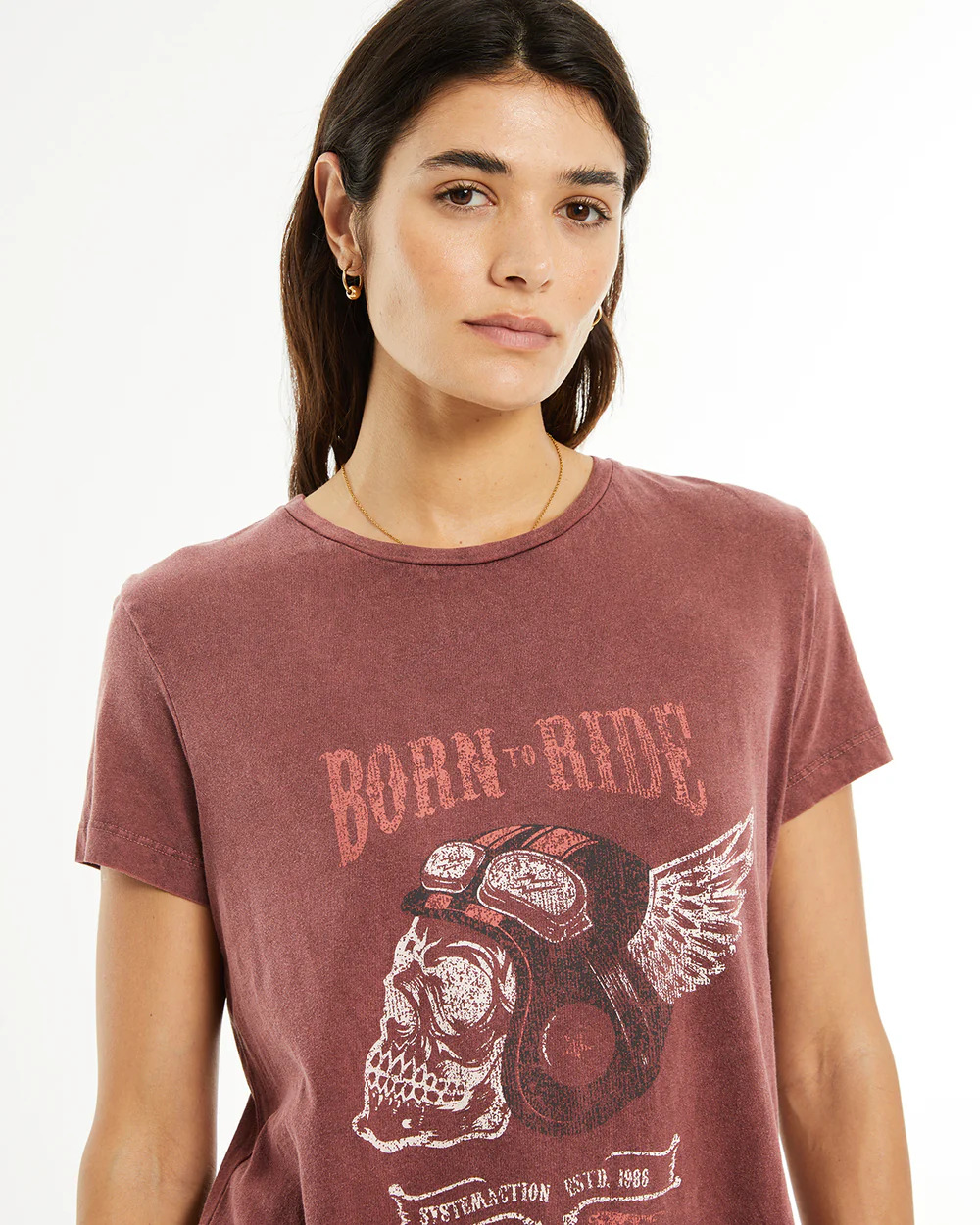 camiseta algodón granate estampada mujer