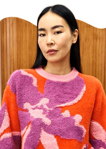 jersey mujer frnch ayme naranja con bordados en lila