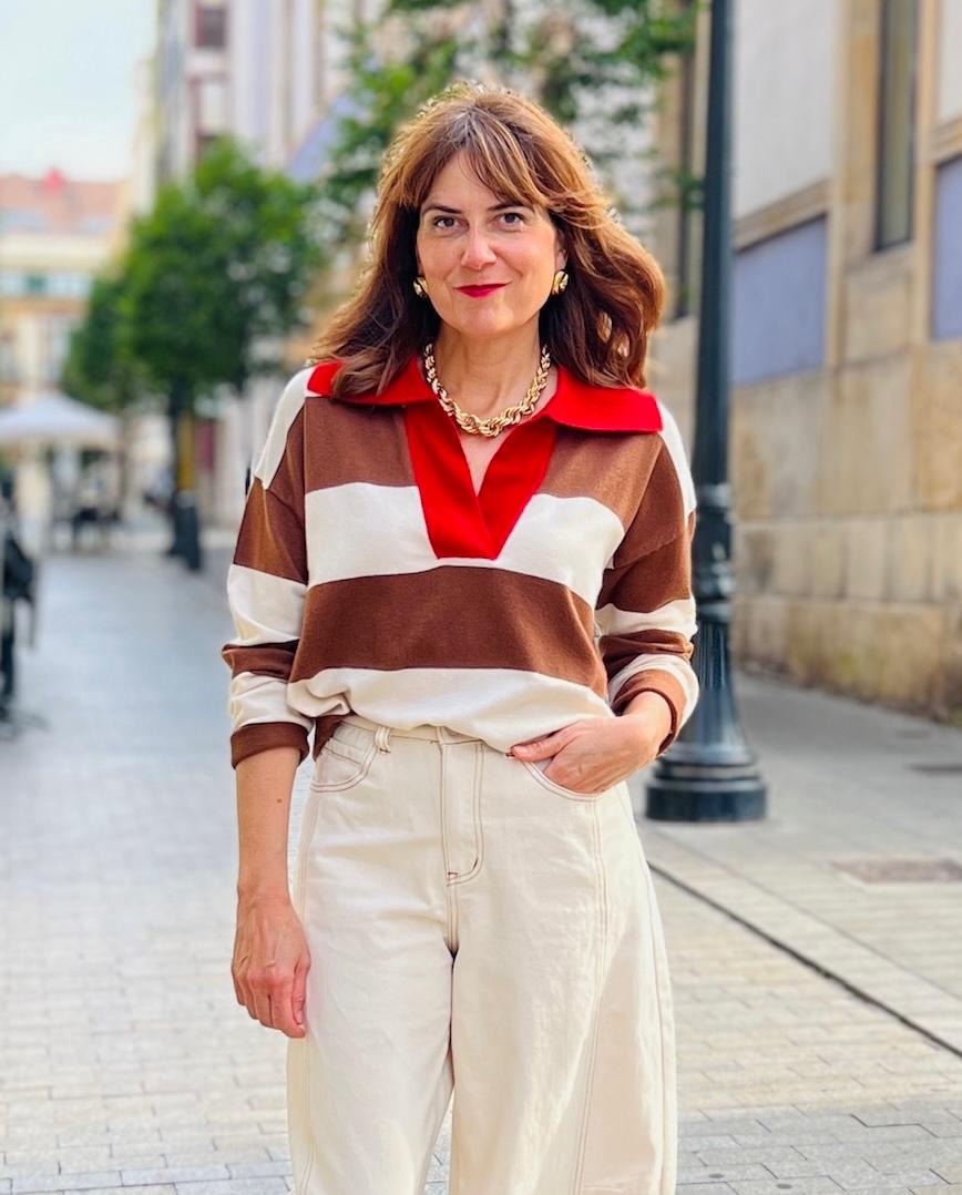 jersey de rayas marrones con cuello rojo colchique frnch mujer