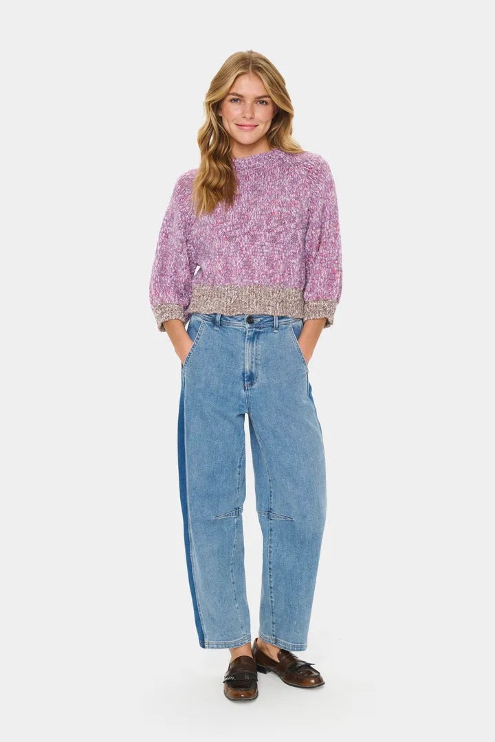 jersey de mujer jaspeado en color lila con elásticos a contraste