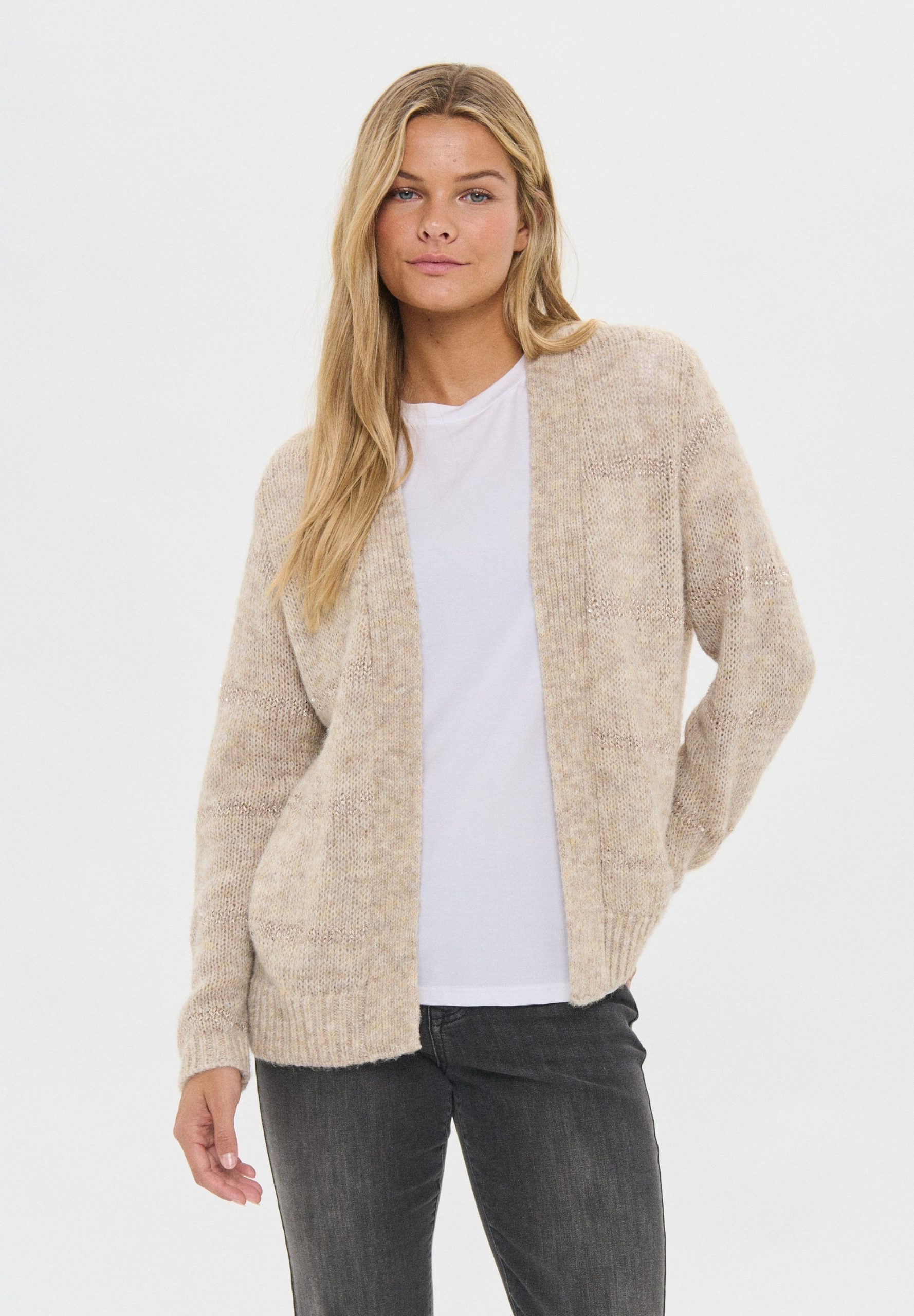 chaqueta de punto de mujer color beige con rayas de lurex norali saint tropez